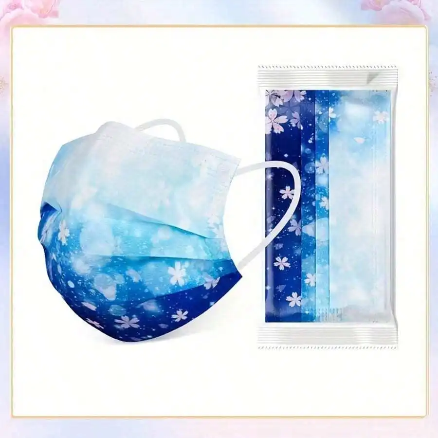 10pcs Floral Sakura Print 3-Pl - Disposable Mask Blue avis et prix