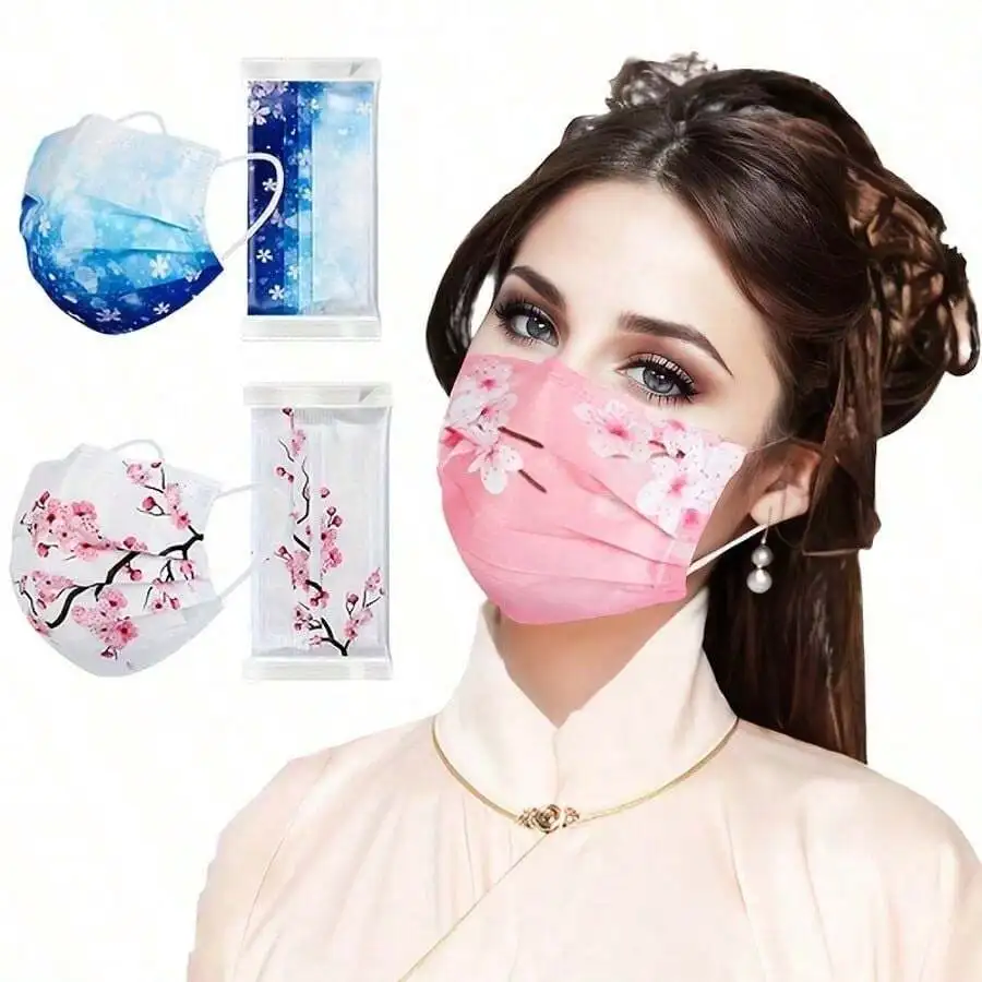 10pcs Floral Sakura Print 3-Pl - Disposable Mask Blue avis et prix